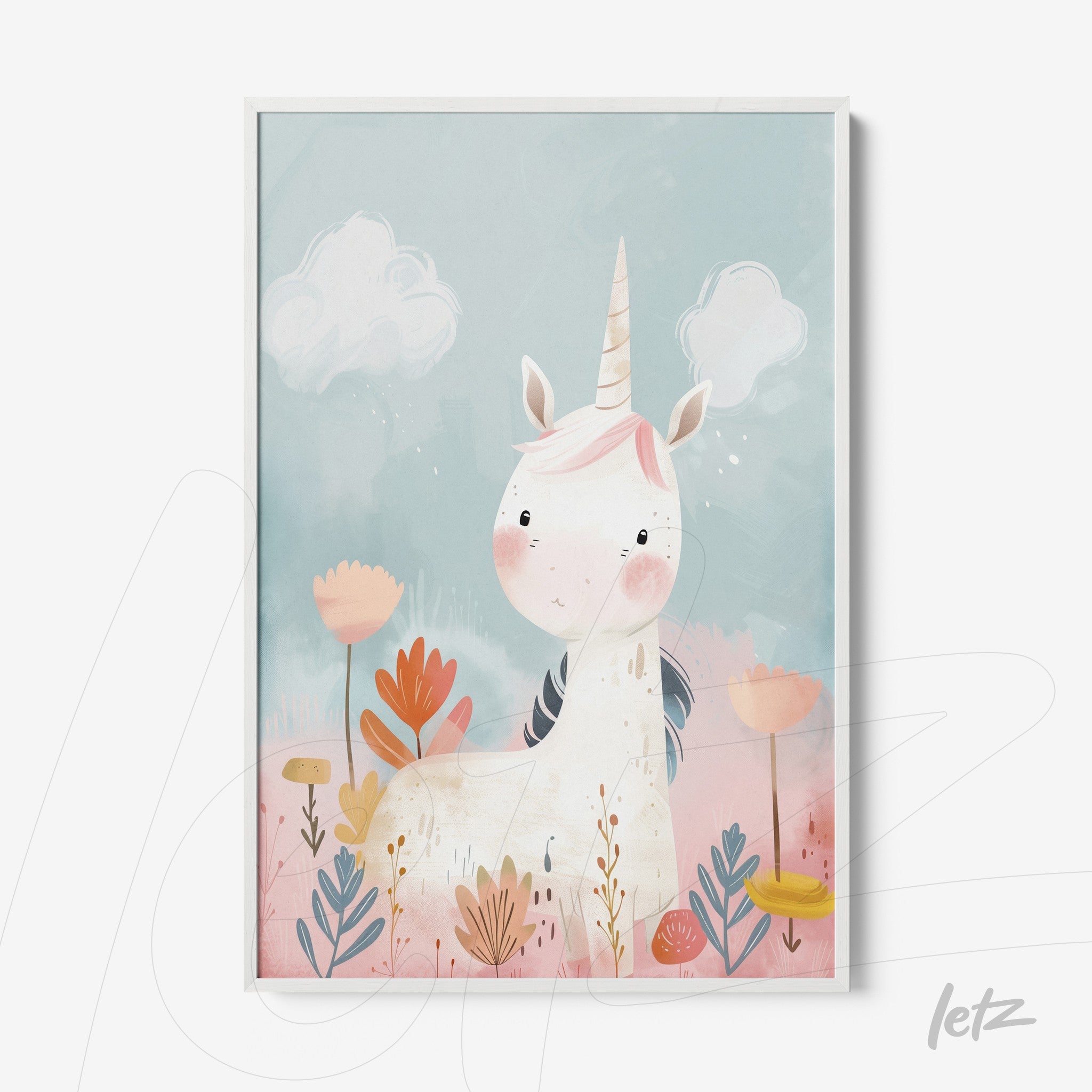 children's framed artwork featuring a unicorn against a light blue background with flowers and clouds
