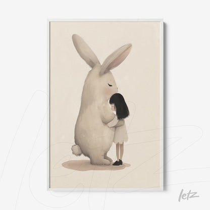 framed artwork of a girl hugging a large rabbit on a light background with white frame