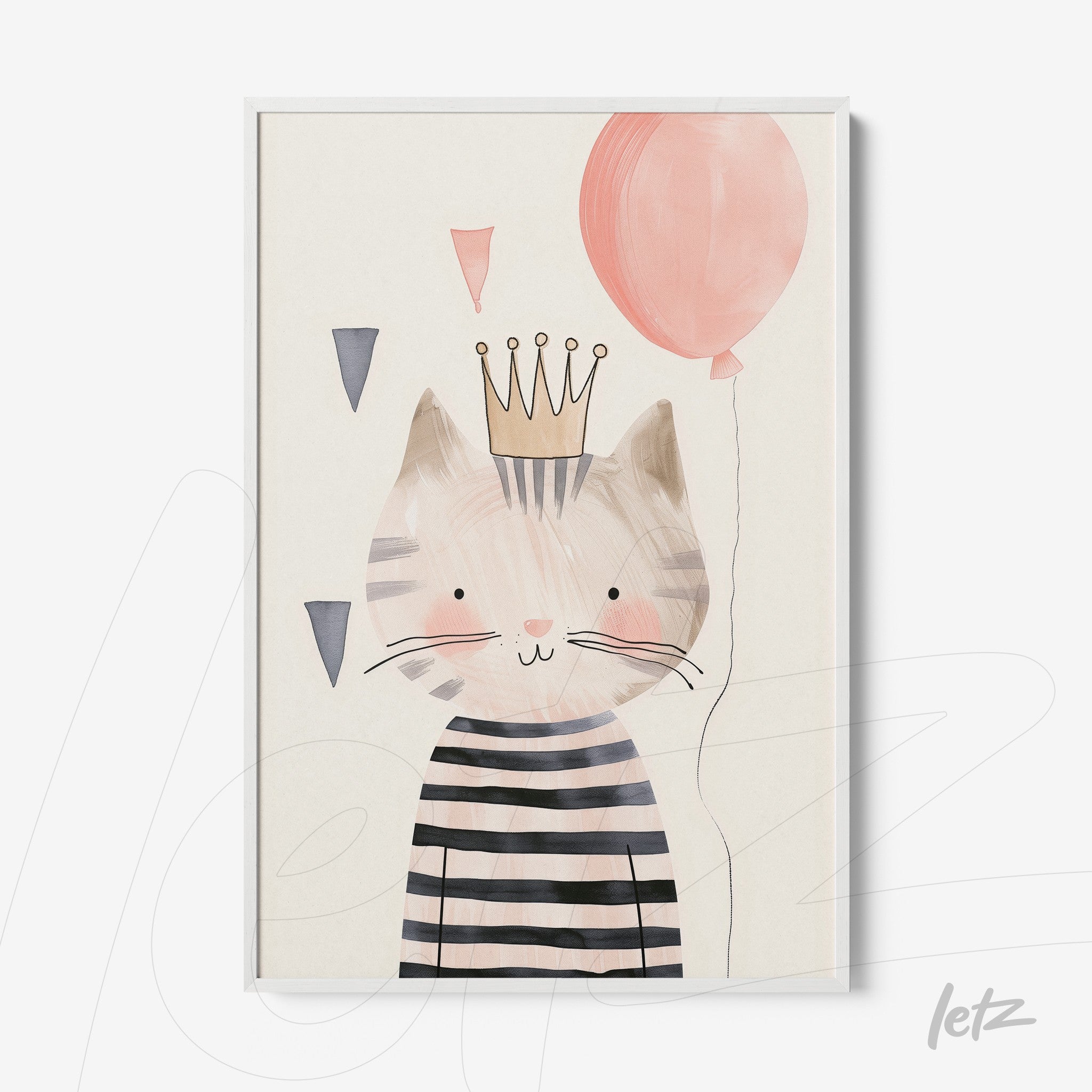 framed art featuring a cat wearing a crown and holding a pink balloon, light background with white frame