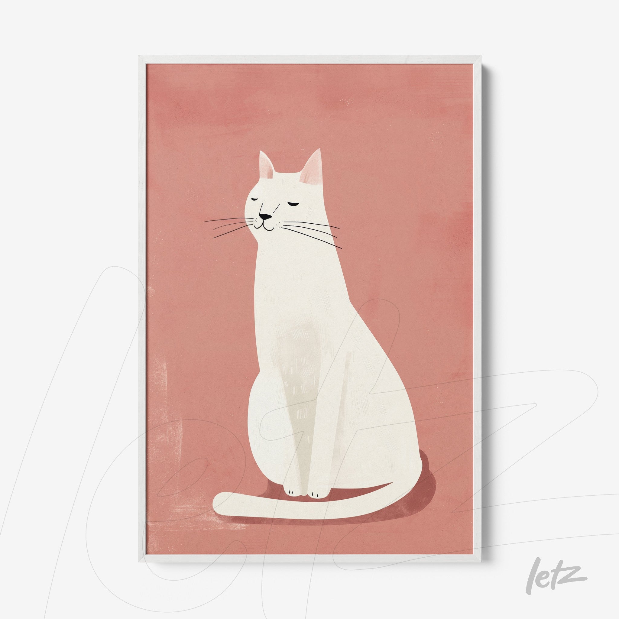 framed artwork featuring a minimalist illustration of a white cat on pink background