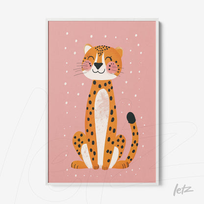 framed artwork of a smiling leopard on pink background with white frame
