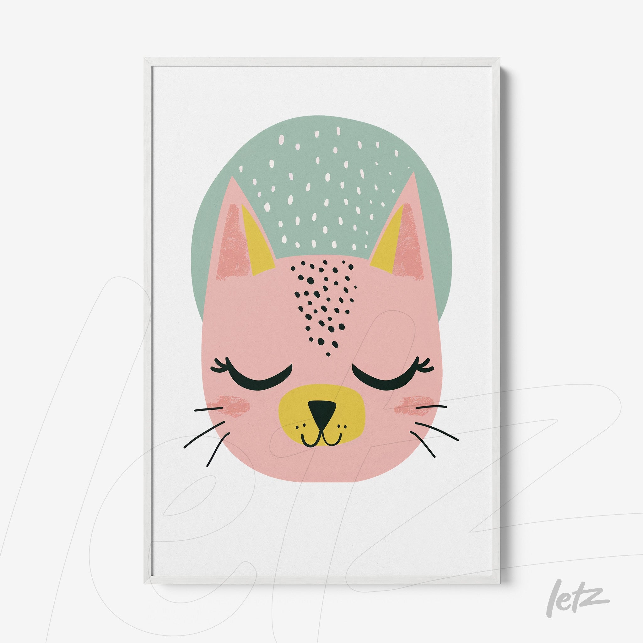 framed wall art featuring a pink cat illustration with closed eyes and a green hat