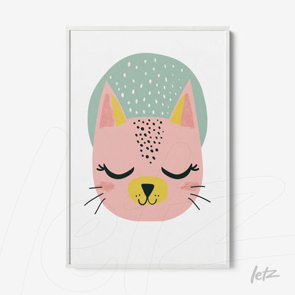 framed wall art featuring a pink cat illustration with closed eyes and a green hat
