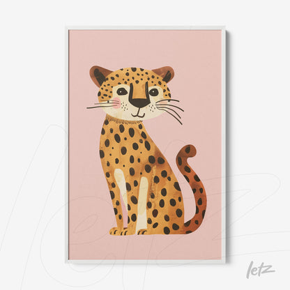 framed artwork featuring a stylized leopard illustration on pink background with white frame