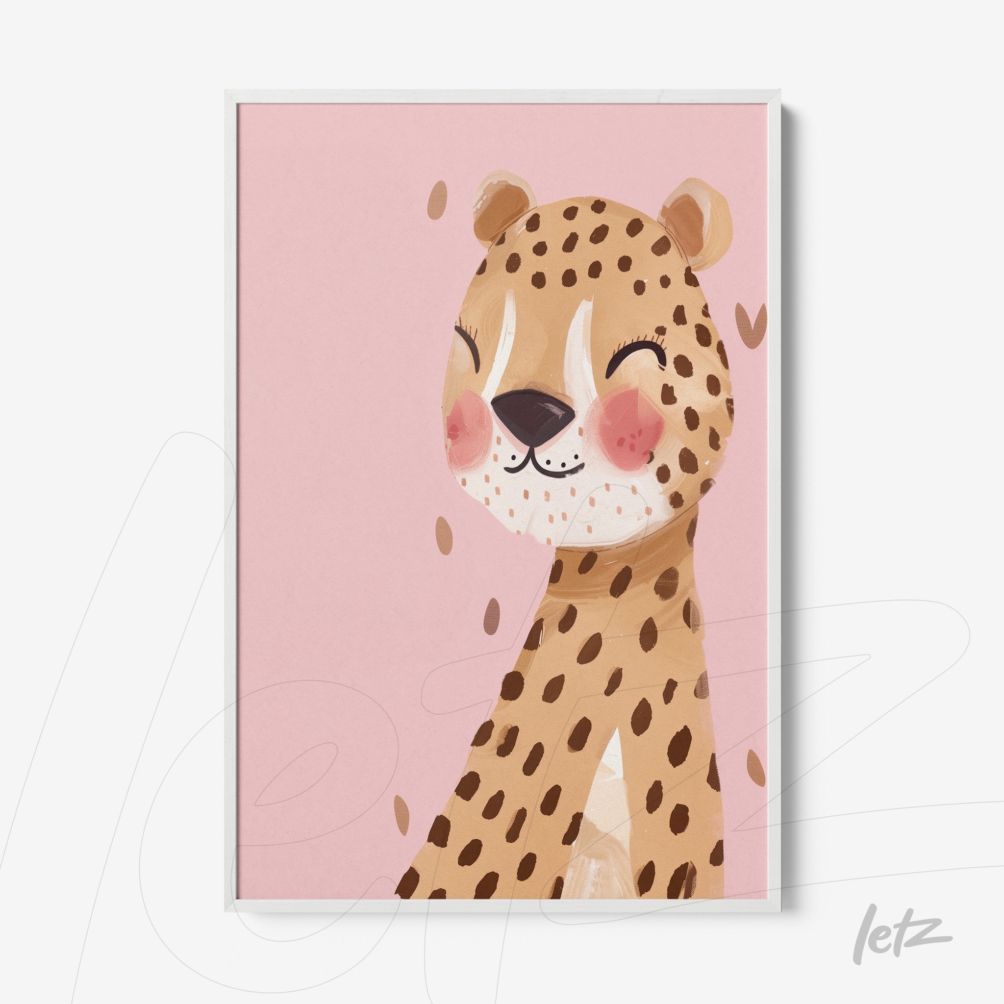 framed art of a smiling leopard on pink background with white frame