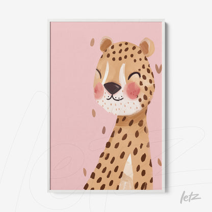 framed art of a smiling leopard on pink background with white frame