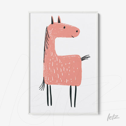 framed artwork featuring a playful pink horse illustration on a white background