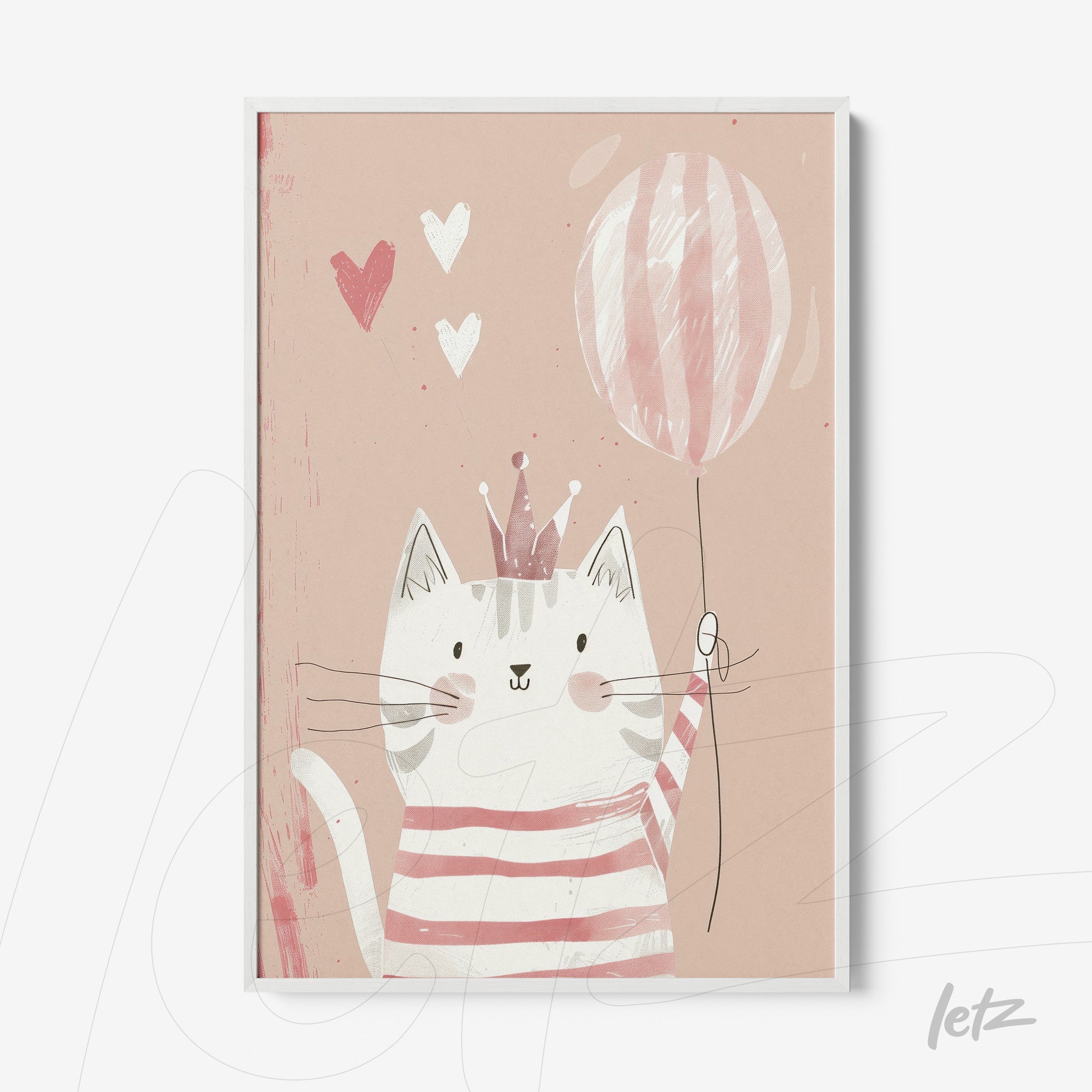 framed illustration of a cat wearing a crown and holding a balloon against a pink background