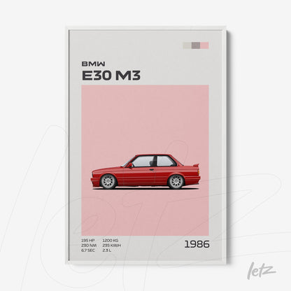framed illustration of BMW E30 M3 car design on pink background with white frame