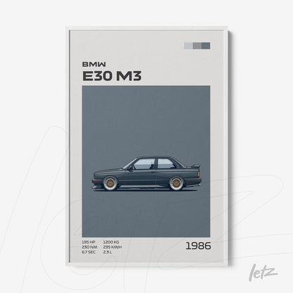 minimalist framed wall art featuring a side view illustration of a BMW E30 M3 car with white frame and gray background