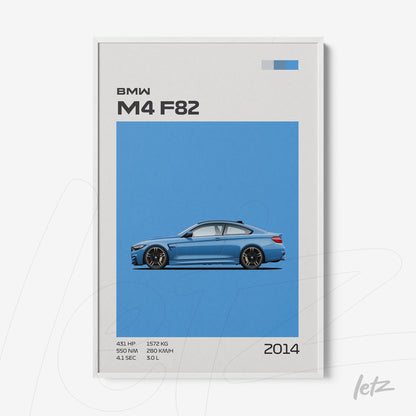 minimalist wall art depicting the BMW M4 F82 car on a blue background