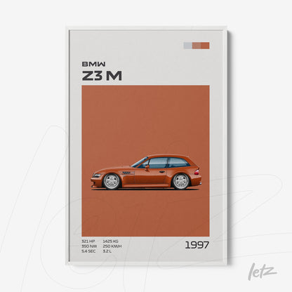 framed print featuring a minimalist illustration of the 1997 BMW Z3M with an orange background and white frame