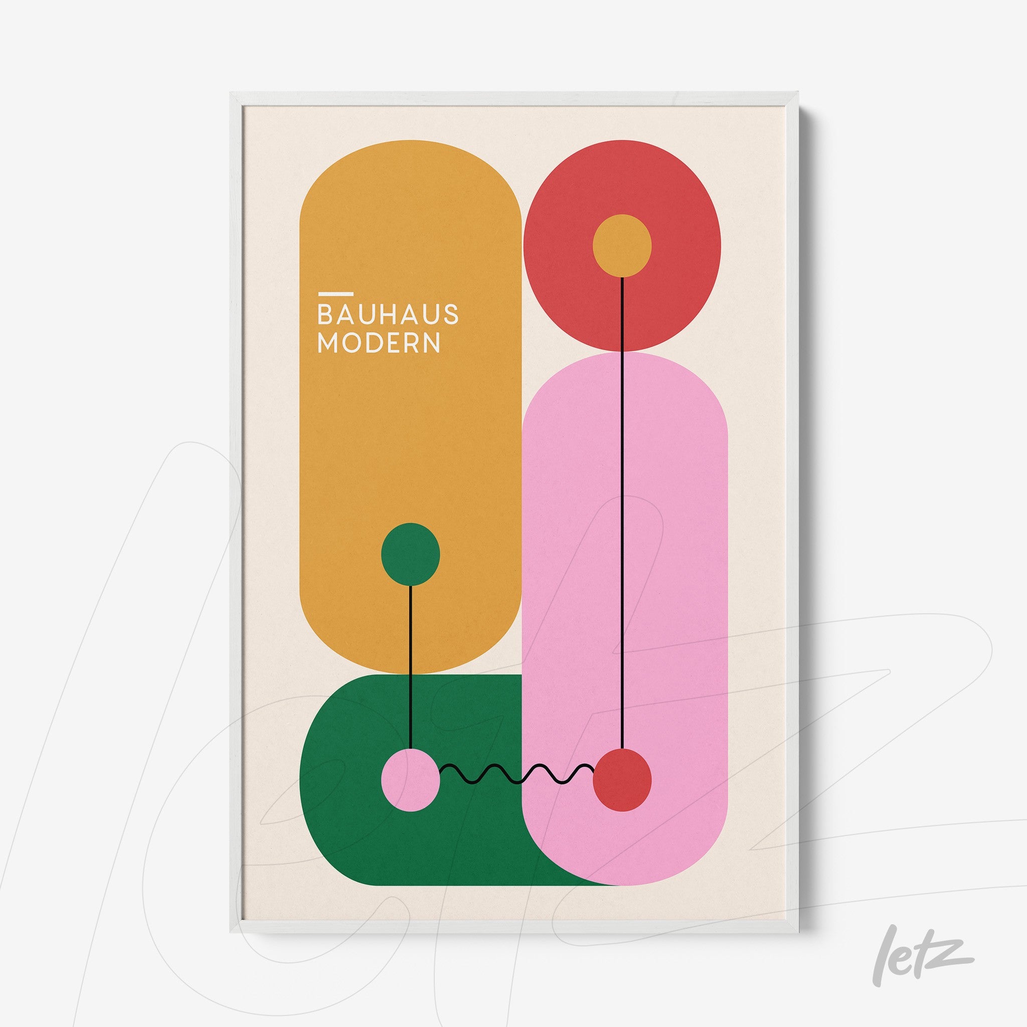 framed wall art featuring colorful geometric Bauhaus-style illustration with white frame