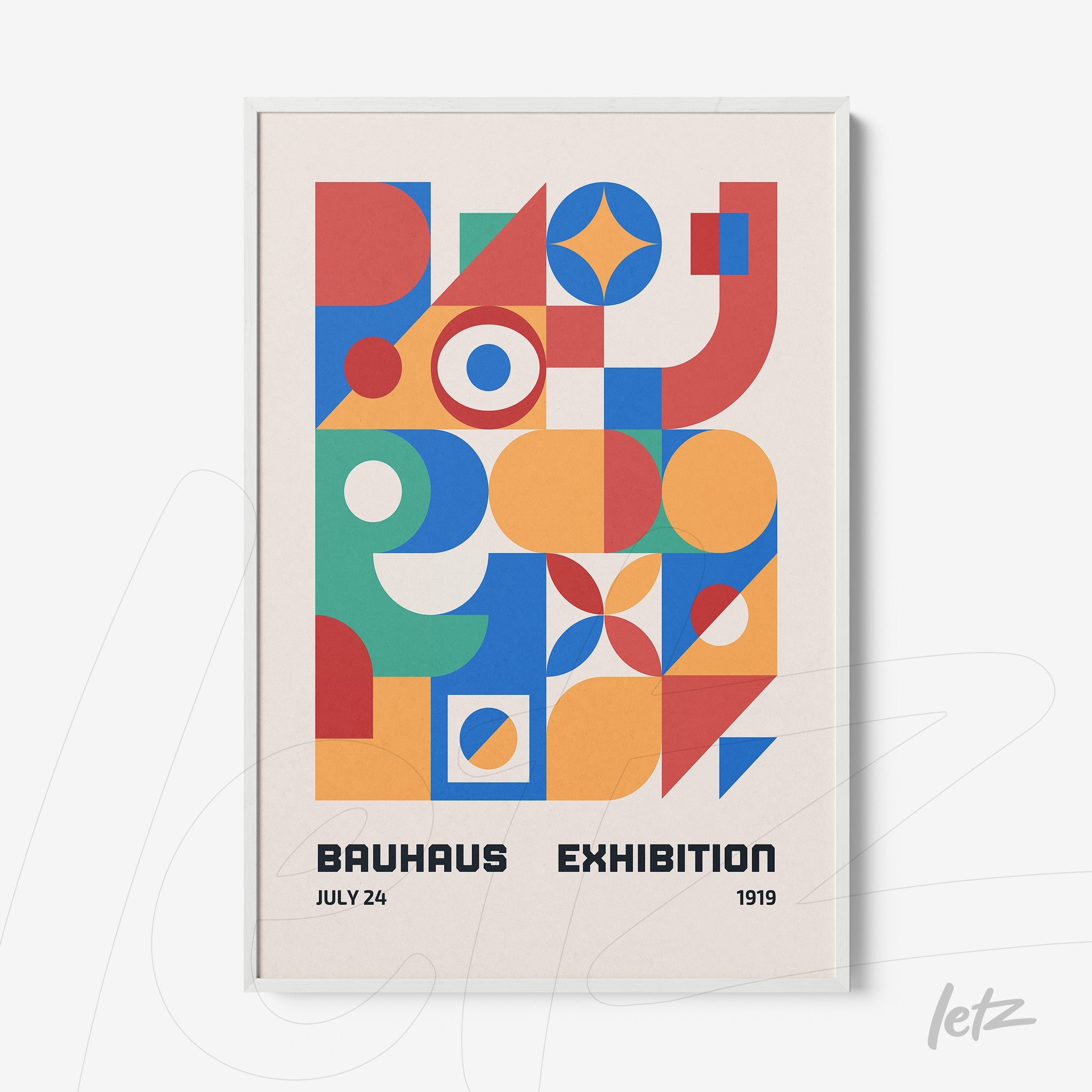 poster featuring colorful geometric Bauhaus style design in white frame