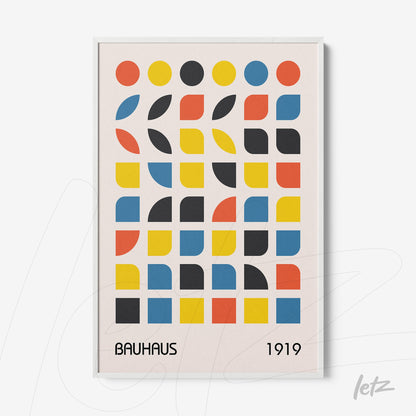 poster print featuring colorful geometric Bauhaus-style art in a white frame