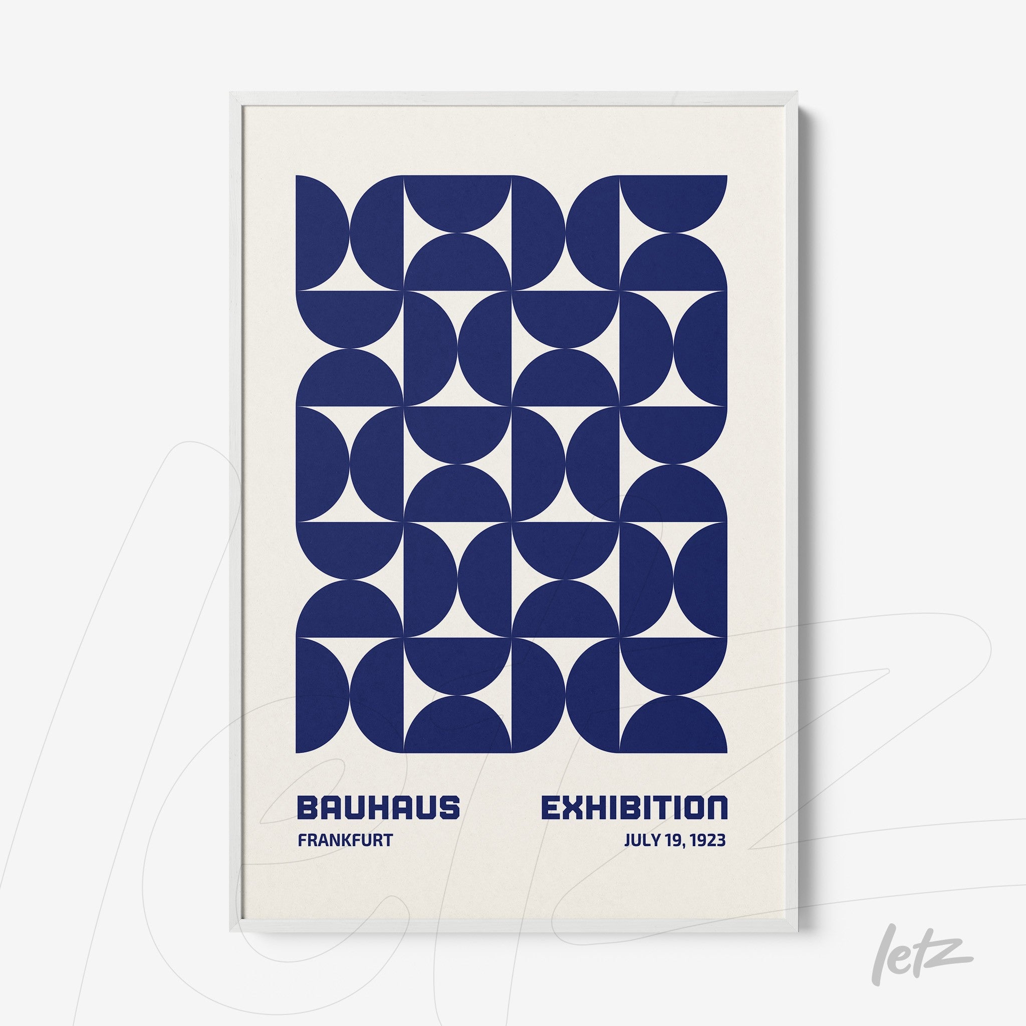 poster featuring dark blue geometric art and text about 1923 bauhaus exhibition in white frame