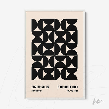 poster featuring black geometric design on light beige background framed in white