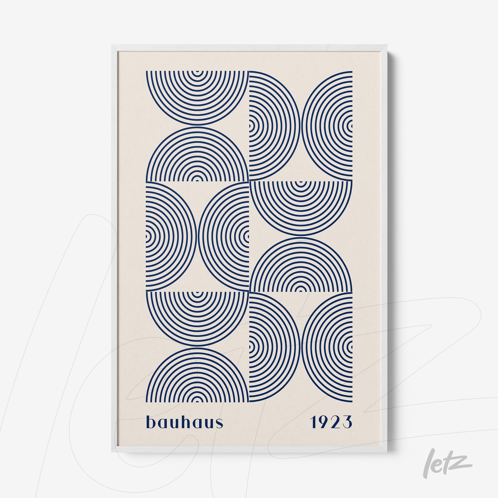 poster print with Bauhaus style geometric design of navy blue concentric circles on a light beige background with thin white frame