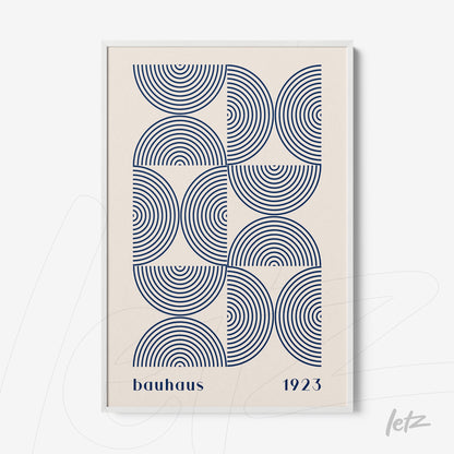 poster print with Bauhaus style geometric design of navy blue concentric circles on a light beige background with thin white frame