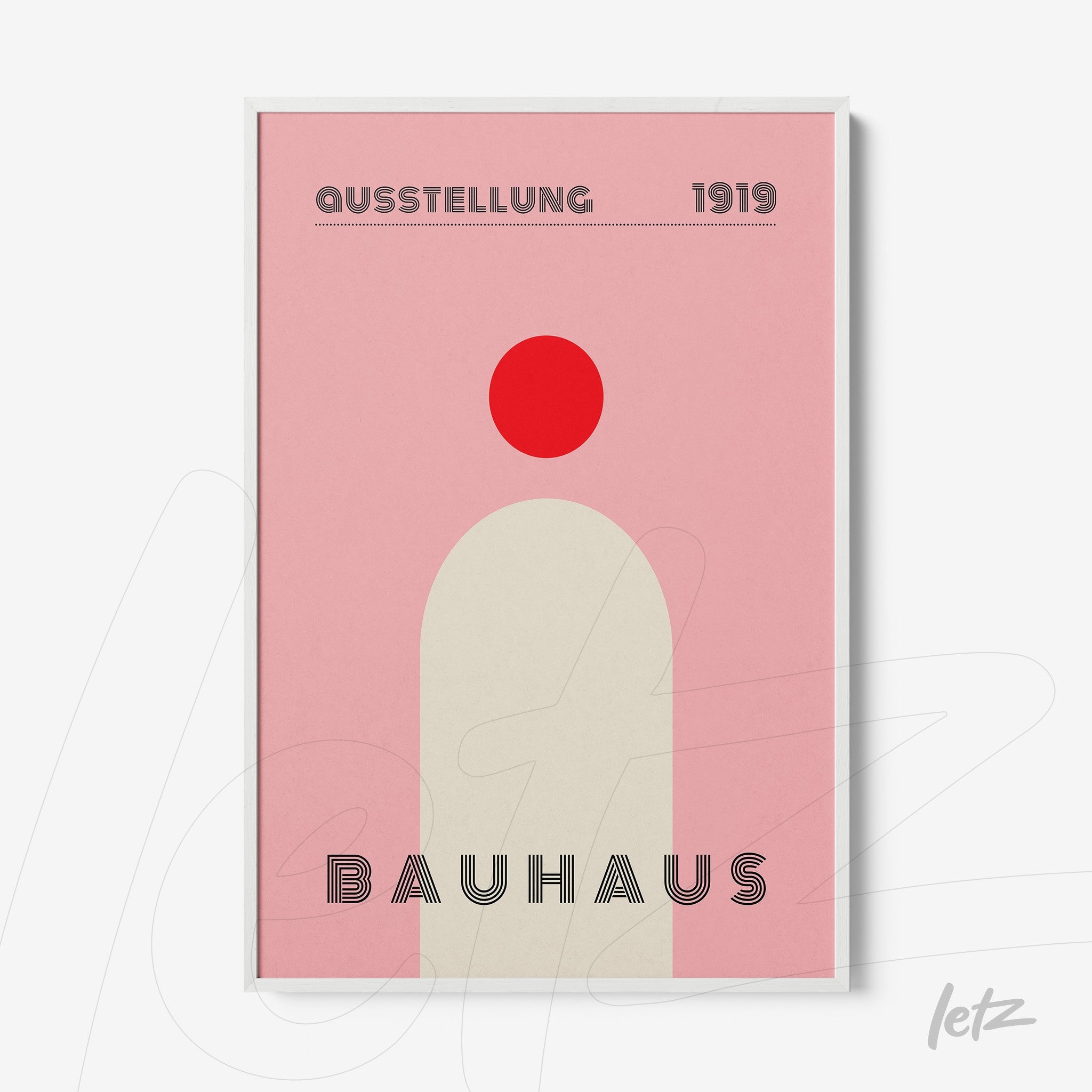 minimalist Bauhaus-inspired art with red circle and geometric shapes on light pink background, white frame