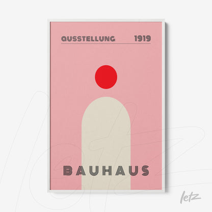 minimalist Bauhaus-inspired art with red circle and geometric shapes on light pink background, white frame