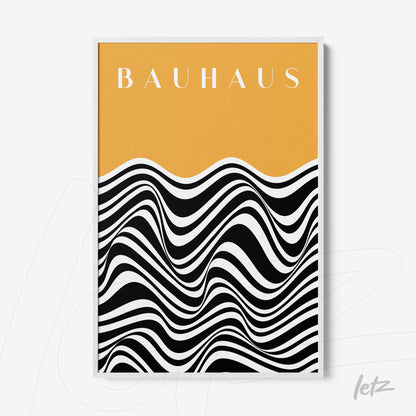 poster art with black and white monochrome wave design on mustard yellow background with the word bauhaus on top, thin white frame