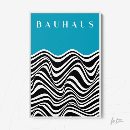 geometric Bauhaus style art with wavy black and white lines on blue background in a white frame