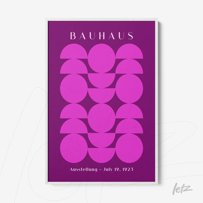 poster print featuring geometric design in purple and pink hues inspired by Bauhaus style, displayed with white frame