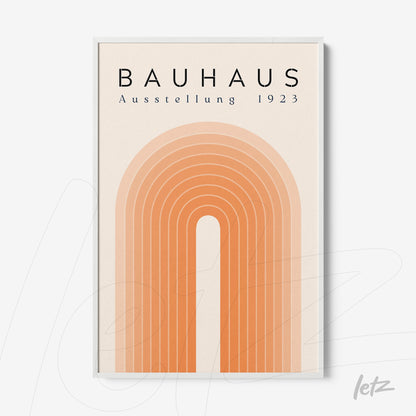 poster featuring geometric arch design in orange hues with text bauhaus ausstellung 1923 in white frame