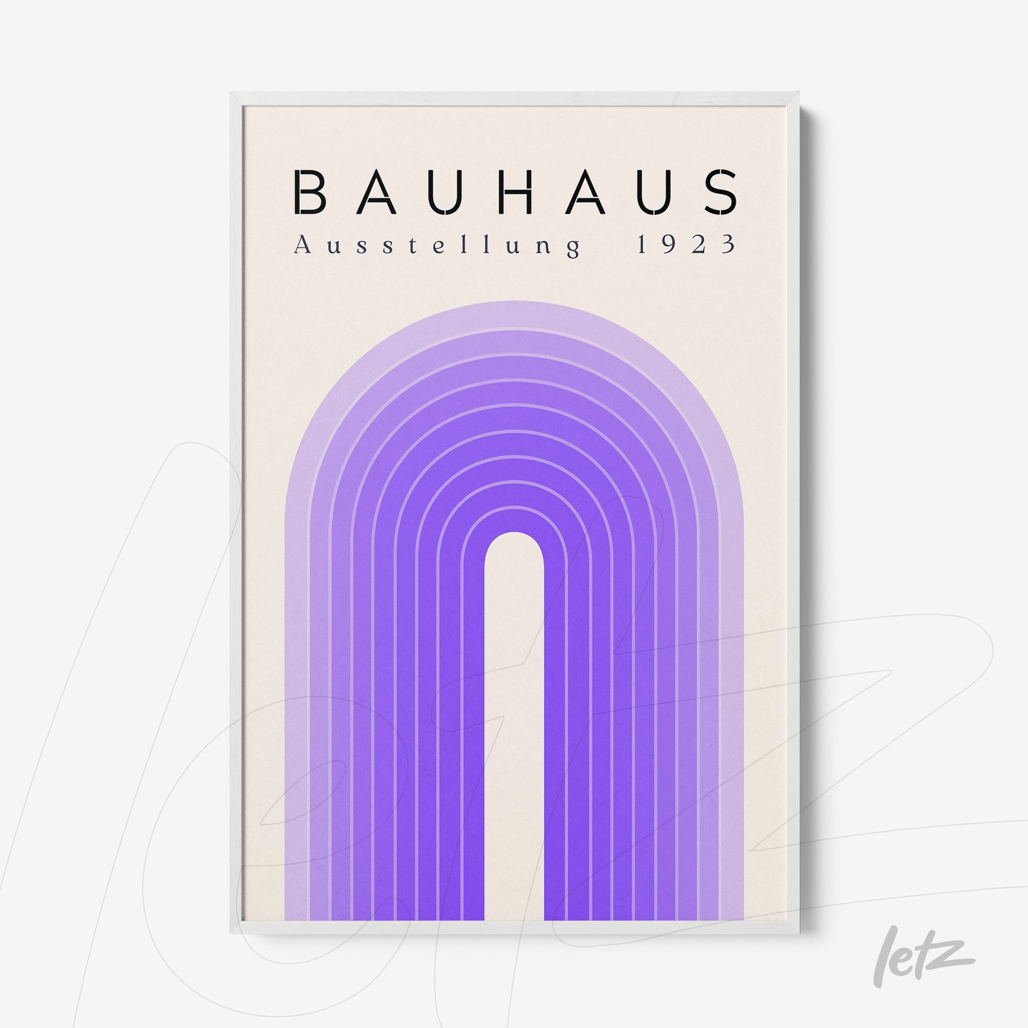 poster print with concentric arches in shades of lilac and text bauhaus ausstellung 1923, in a white frame