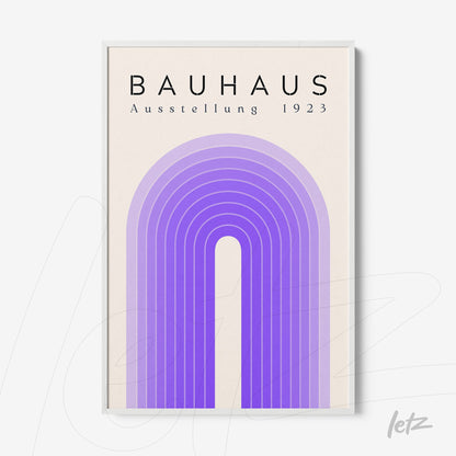 poster print with concentric arches in shades of lilac and text bauhaus ausstellung 1923, in a white frame