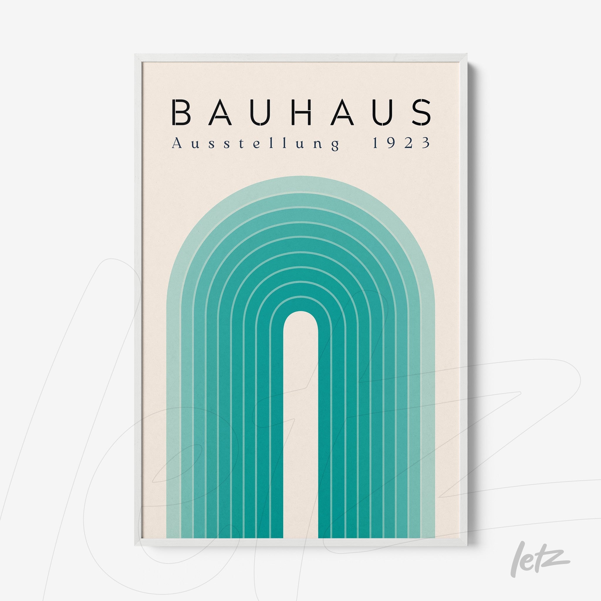 poster print featuring bauhaus style geometric design with concentric arches in blue hues in a thin white frame