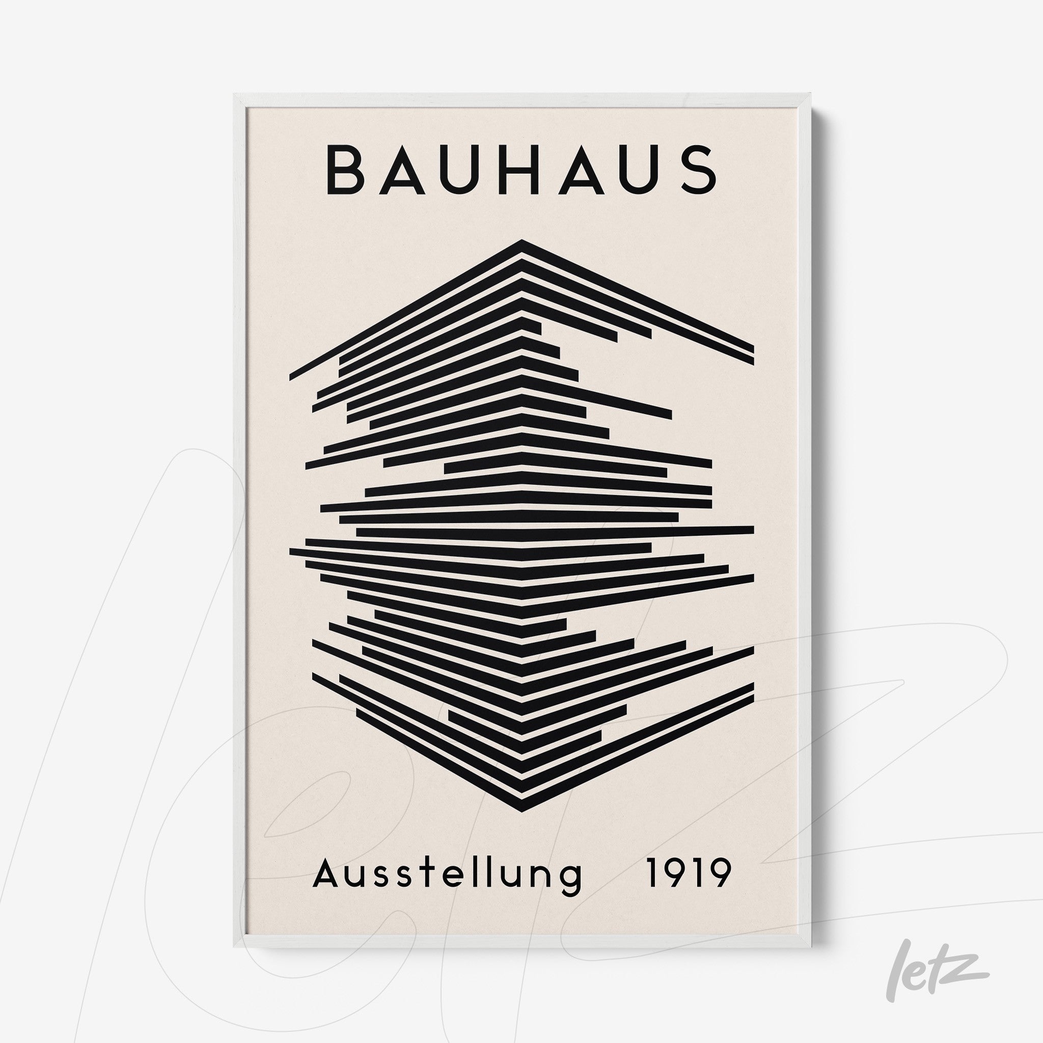poster print featuring geometric design inspired by the Bauhaus movement in a thin white frame