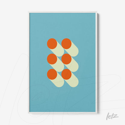 abstract geometric art with orange circles on a blue background in white frame
