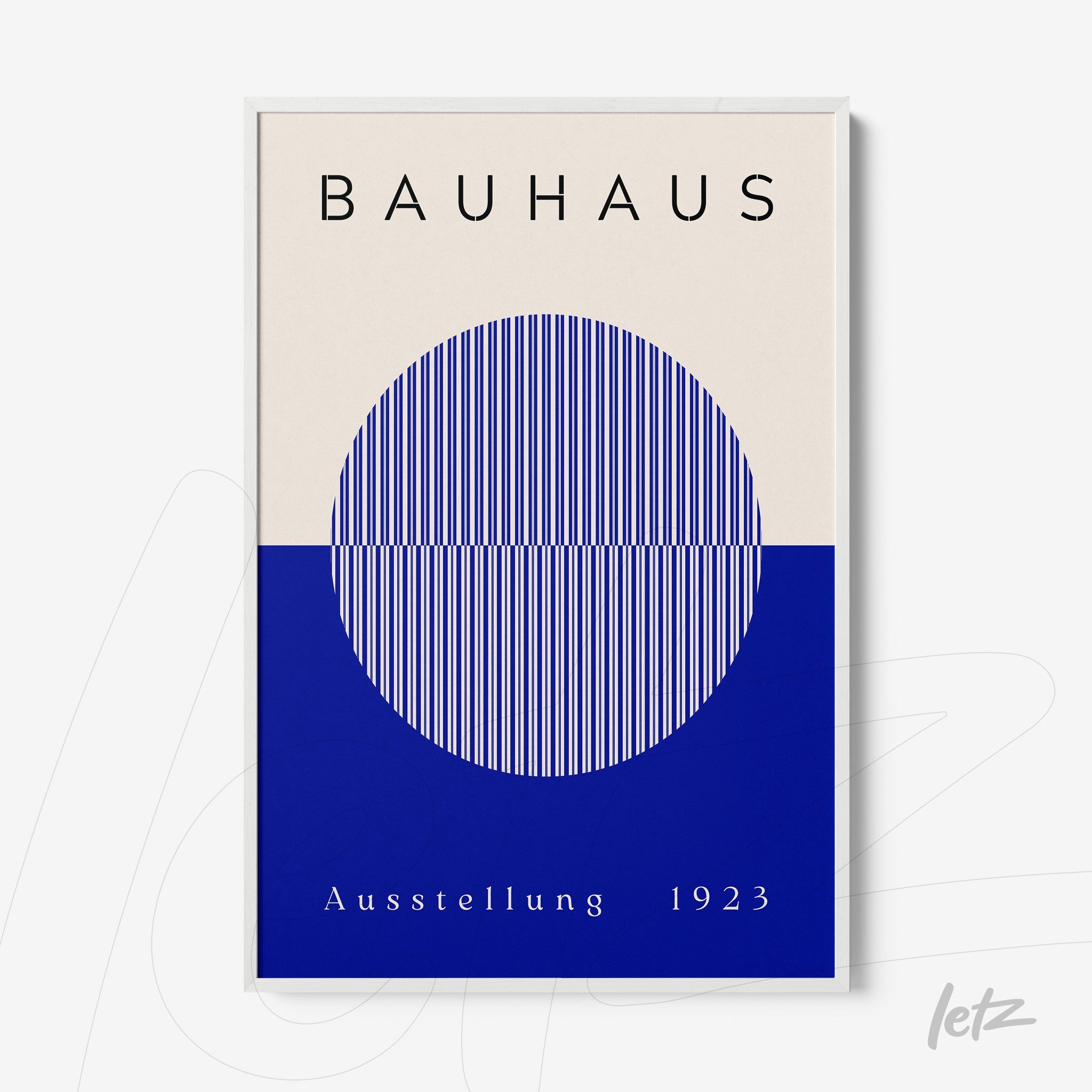 poster print of Bauhaus design with vertically striped blue circle on cream and blue background, featuring a thin white frame