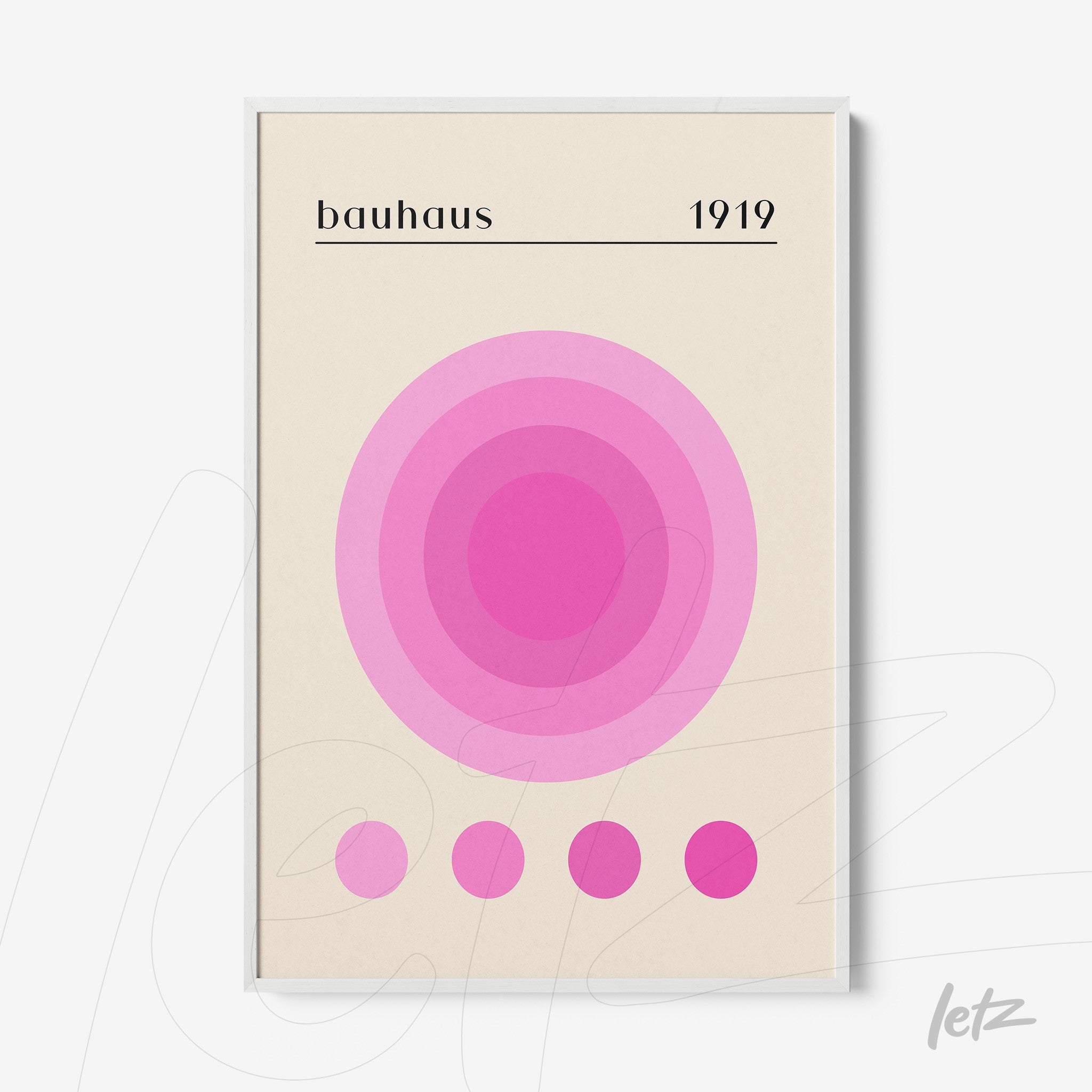 poster with concentric circles in shades of pink framed in white, bauhaus style