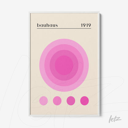 poster with concentric circles in shades of pink framed in white, bauhaus style