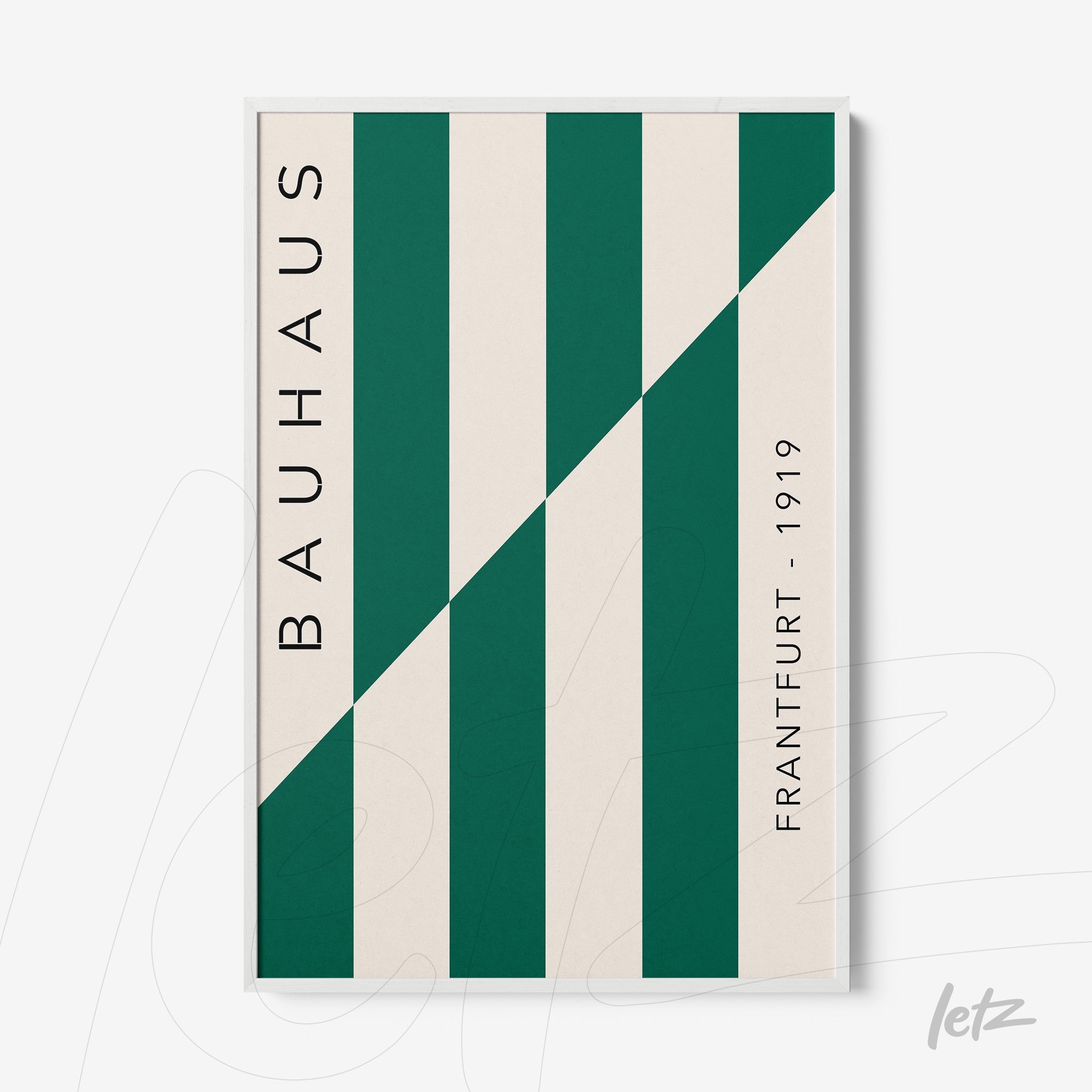 bauhaus-inspired geometric art with diagonal and vertical lines in green and cream within a white frame