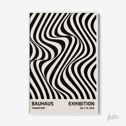 black and white poster with geometric wavy line design in white frame