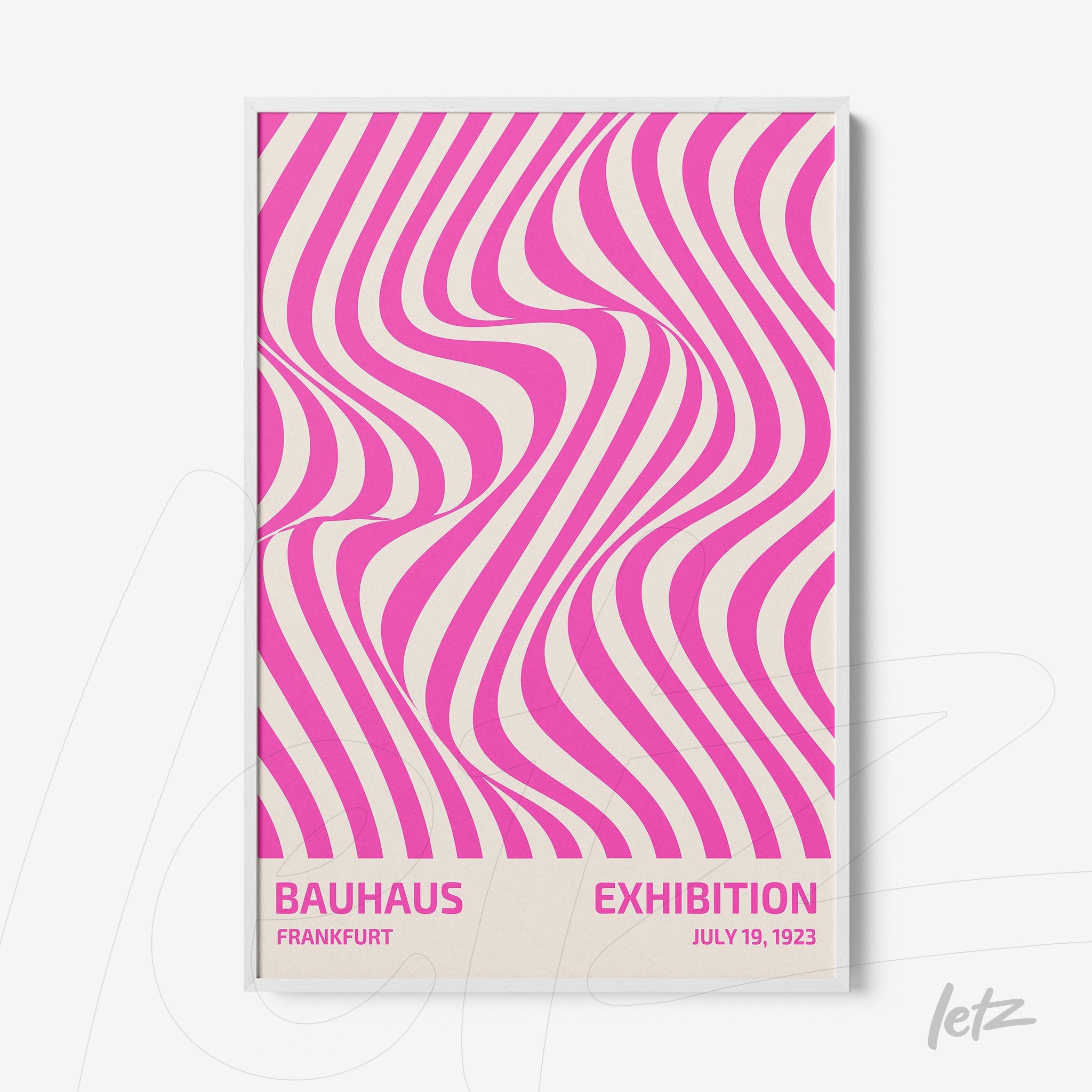 poster print featuring geometric pink and white pattern with white frame, showcasing text about the 1923 Bauhaus exhibition