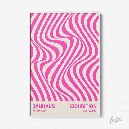 poster print featuring geometric pink and white pattern with white frame, showcasing text about the 1923 Bauhaus exhibition
