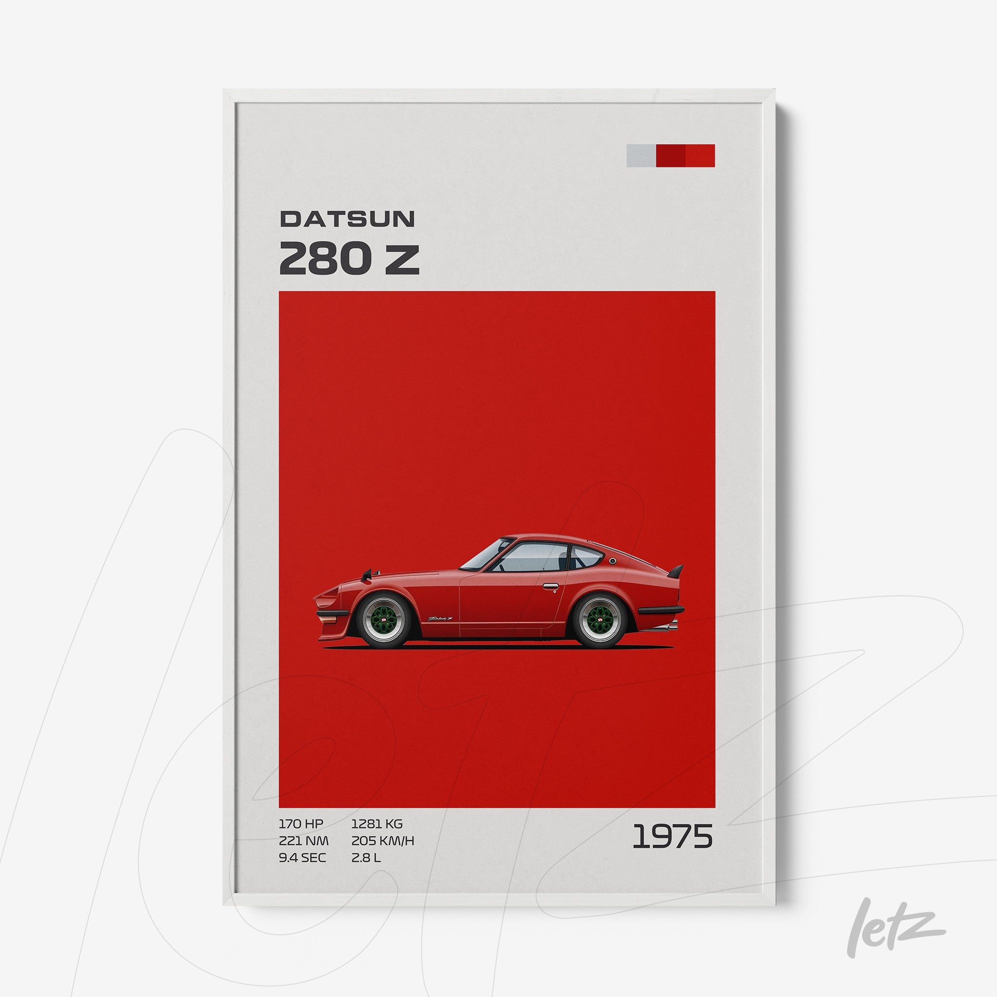 framed artwork featuring a side view illustration of Datsun 280 Z on a vibrant red background with white frame