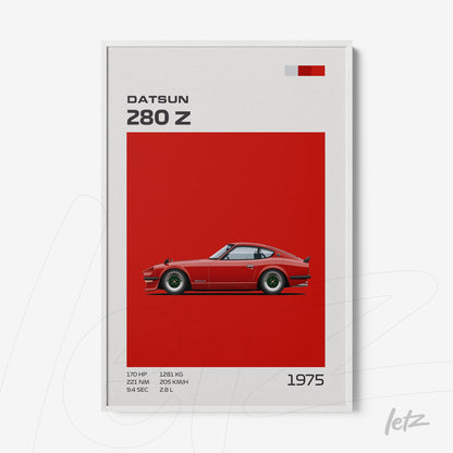 framed artwork featuring a side view illustration of Datsun 280 Z on a vibrant red background with white frame