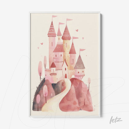 framed artwork featuring a pink castle with towers and flags set against a light background