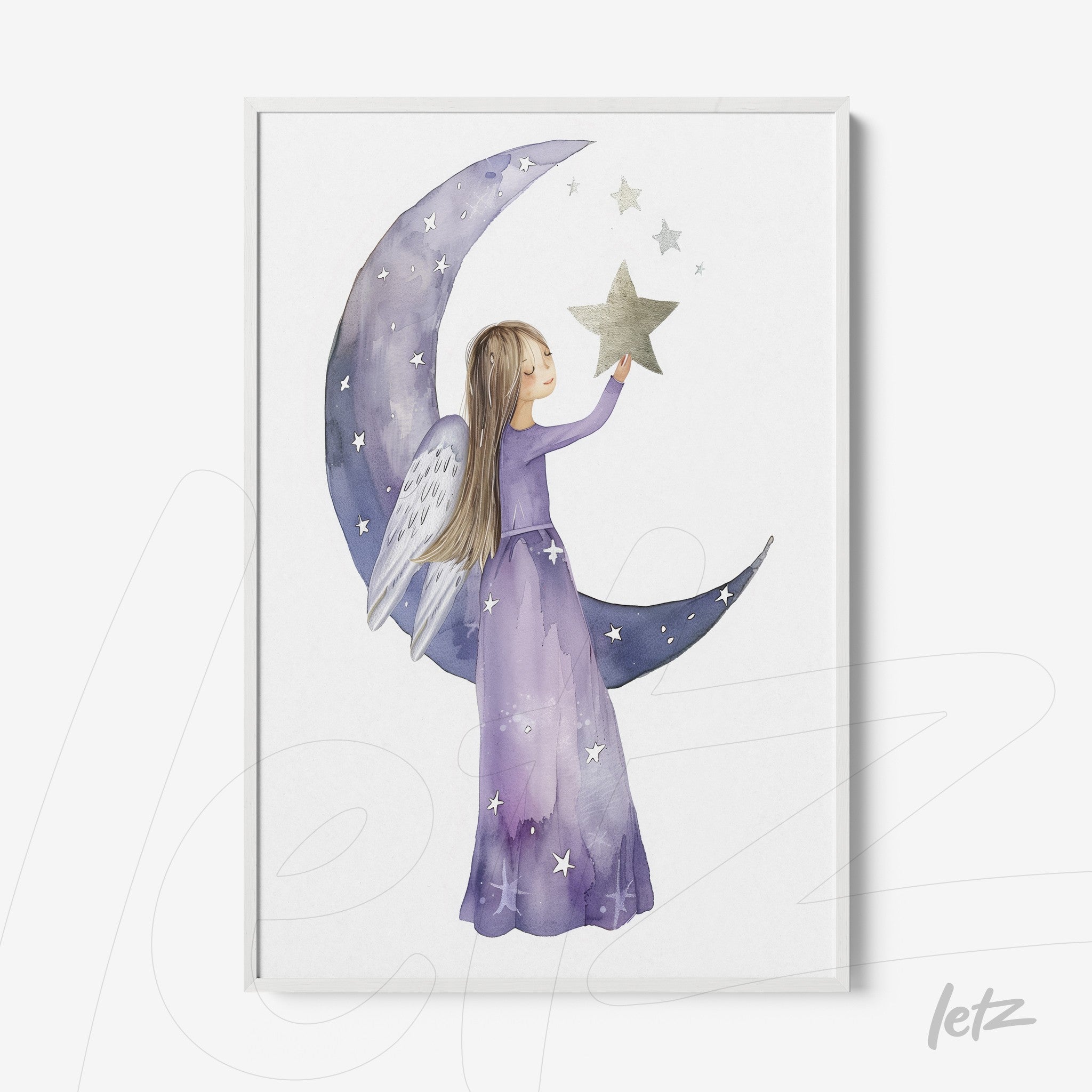 framed artwork of a girl with angel wings holding a star against a crescent moon and stars background