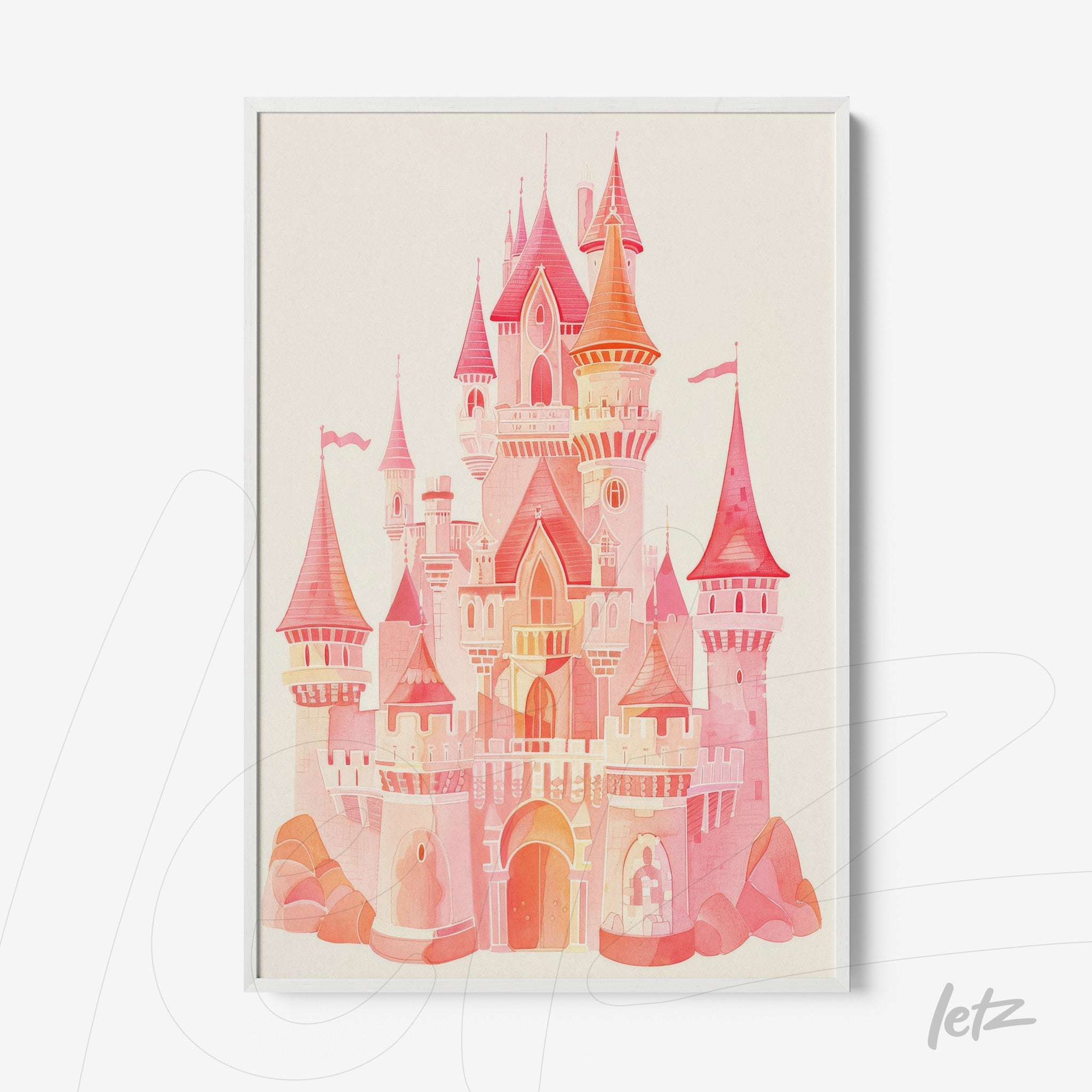 framed artwork of a magical castle illustration in pink tones with a white frame