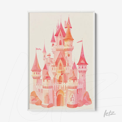 framed artwork of a magical castle illustration in pink tones with a white frame