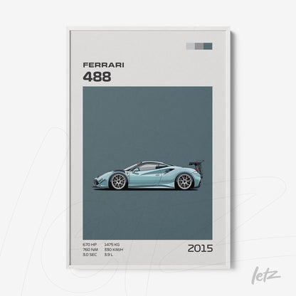 minimalist wall art featuring a blue Ferrari 488 illustration with gray background and graphic text elements