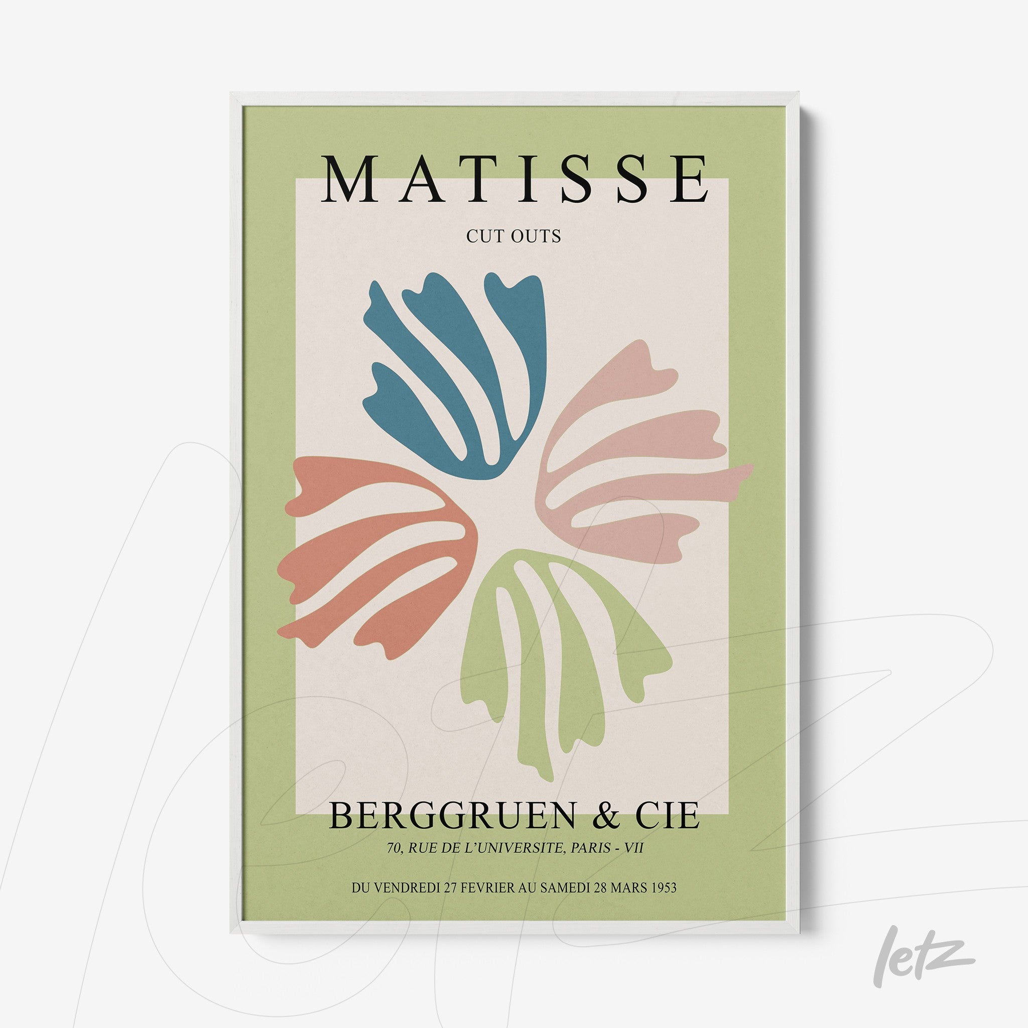 framed wall art featuring Matisse cut outs with a light green background and white frame