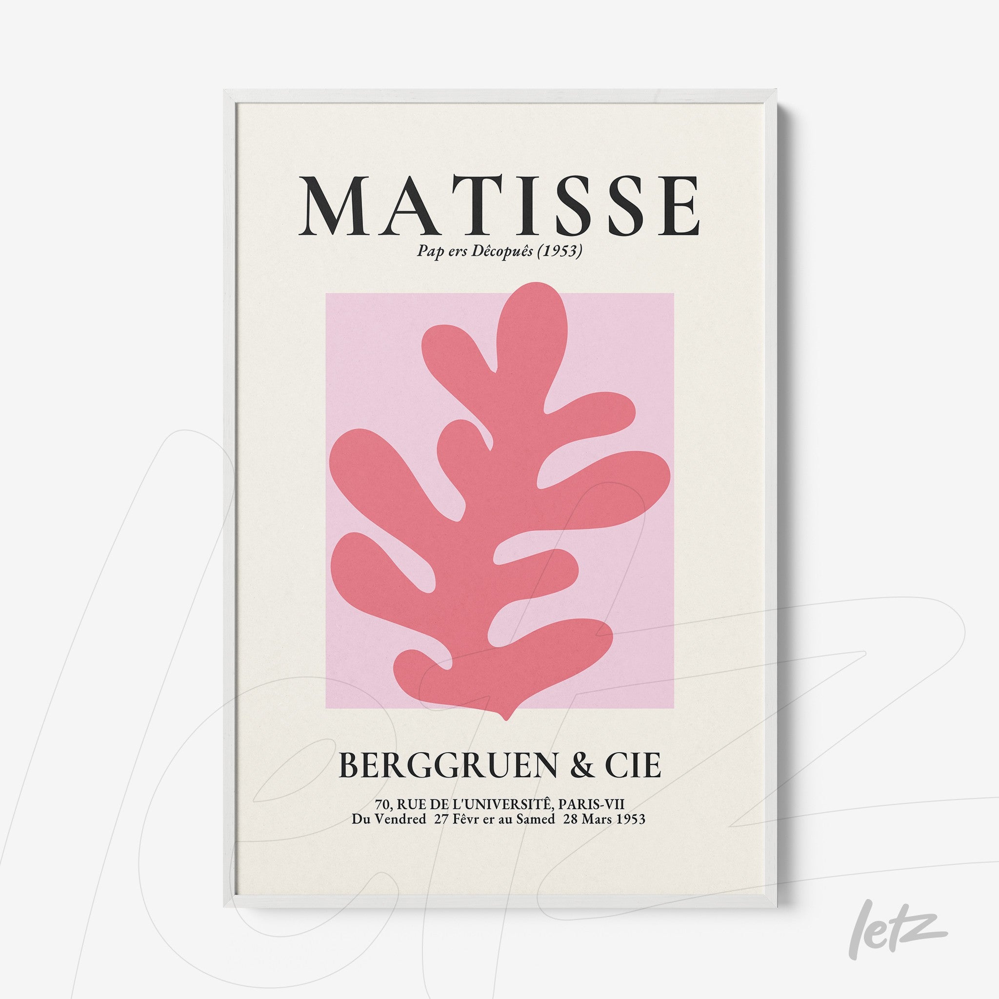 framed wall art featuring abstract pink leaf on light background with black typography